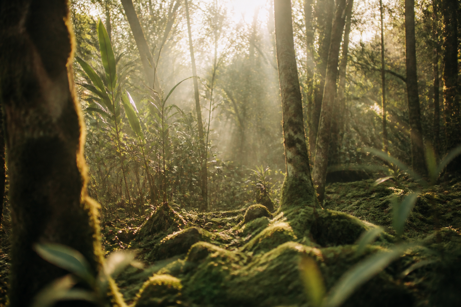 Abertura no bosque, musgo e luz entre as árvores