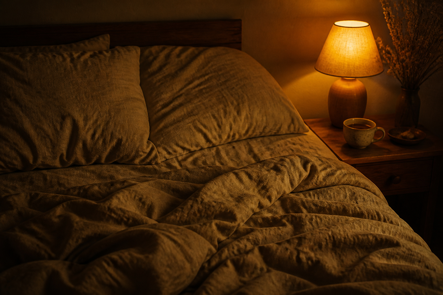Cama e abajur aceso à noite